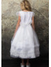 Cap Sleeves White Lace Organza Tea Length Flower Girl Dress Cap Sleeves White Lace Organza Tea Length Flower Girl Dress
